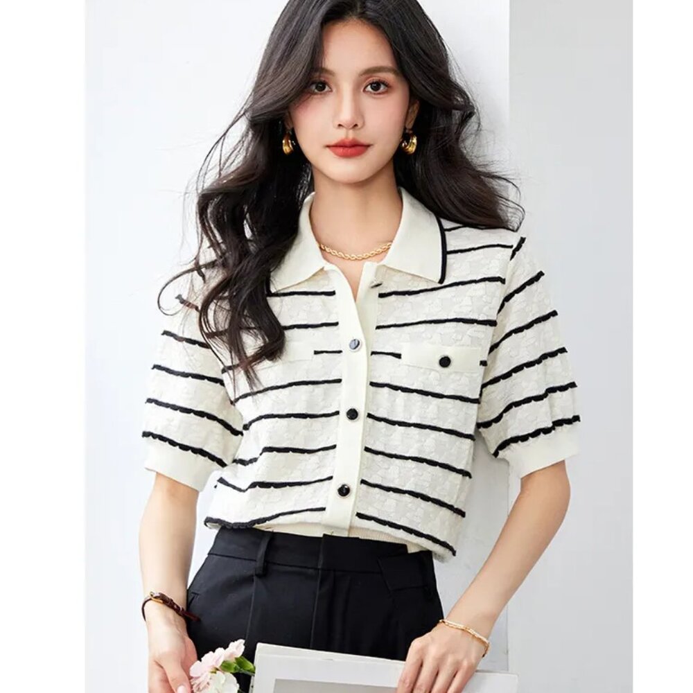Elegant Polo Collar Women Slimming Knitted Half Sleeve Shirt - Picture 1 of 6